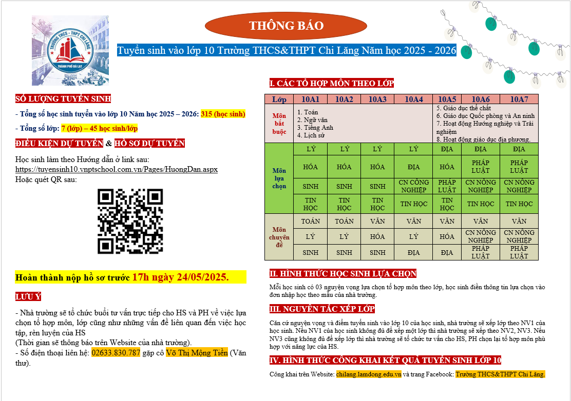 THÔNG BÁO VỀ VIỆC TUYỂN SINH KHỐI 10 NĂM HỌC 2025 - 2026